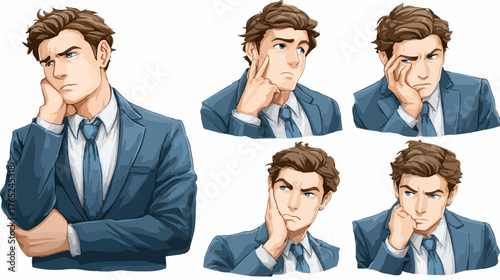 Vektorillustration eines gelangweilten Geschäftsmannes in verschiedenen Posen, der die Monotonie und Frustration im Büroalltag widerspiegelt.