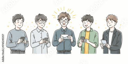 Eine Gruppe von fünf jungen Männern mit Smartphones in der Hand, die verschiedene Ausdrücke zeigen.