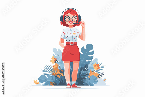 Eine junge Frau mit Headset und Brille steht vor tropischen Pflanzen und Blumen, ein Kundenservice-Konzept.