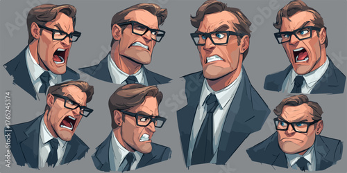 Wütender Geschäftsmann mit Brille zeigt verschiedene emotionale Ausdrücke im Cartoon-Stil