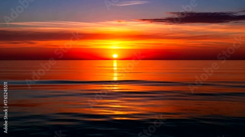 Serene sunset over calm ocean waters, reflecting vibrant colors with distant clouds