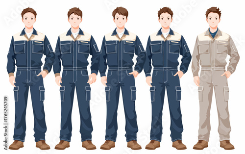 Fünf Männer in Arbeitskleidung stehen nebeneinander, ein Mann in Beige und vier in Dunkelblau.