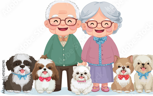 Ein glückliches älteres Paar mit ihren niedlichen Hunden genießt die gemeinsame Zeit.