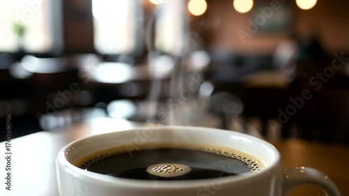 Steaming coffee cup in a cozy café setting with blurred patrons and warm ambiance
