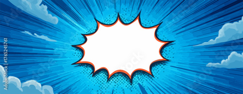 Ein leerer Comic-Sprechblasen-Hintergrund mit dramatischem Himmel und Wolken für Text.