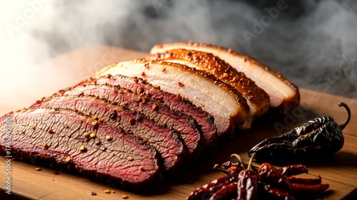 Sliced smoked brisket served on a wooden board with spices and smoke in the background