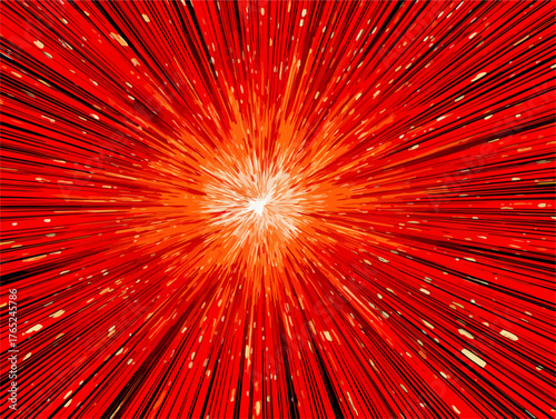 Ein leuchtender roter Sternexplosionseffekt mit abstrakten Strahlen und Partikeln im Weltraum.