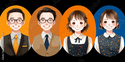 Vier lächelnde Cartoon-Porträts von asiatischen Männern und Frauen in ovalen Rahmen