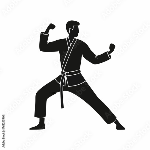Minimalist black-and-white flat vector of a martial artist in a fighting stance, silhouette style