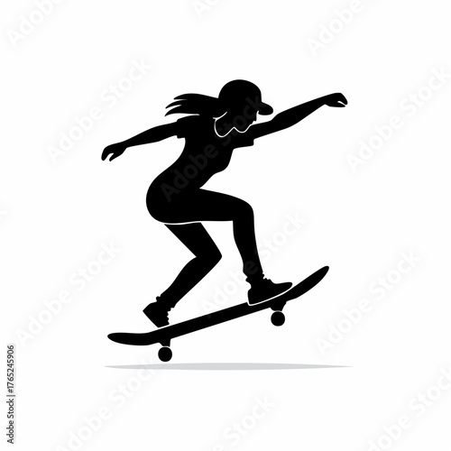 Flat vector black silhouette of a skateboarder performing a trick, clean lines, white background