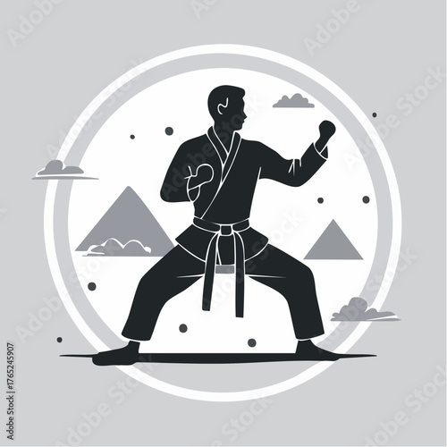 Minimalist black-and-white flat vector of a martial artist in a fighting stance, silhouette style