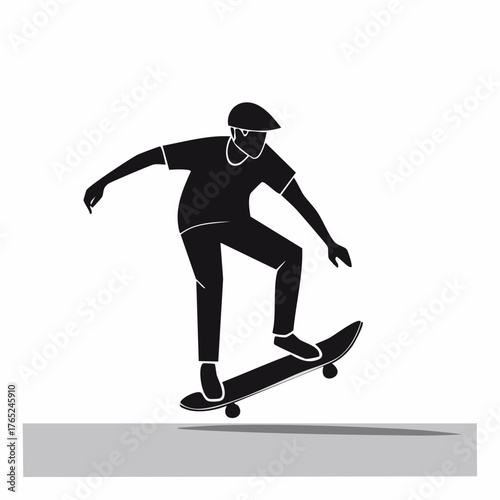 Flat vector black silhouette of a skateboarder performing a trick, clean lines, white background