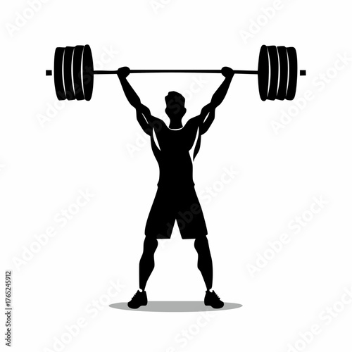 Black and white flat vector silhouette of a weightlifter lifting a barbell, strong and bold composition