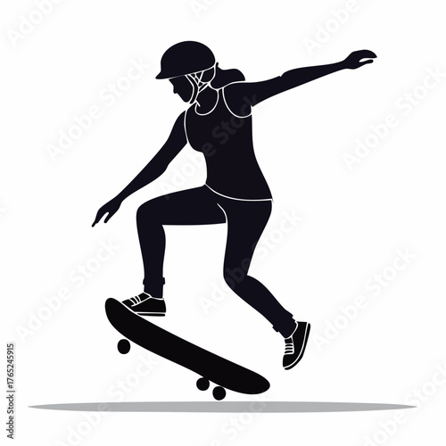 Flat vector black silhouette of a skateboarder performing a trick, clean lines, white background