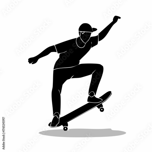 Flat vector black silhouette of a skateboarder performing a trick, clean lines, white background