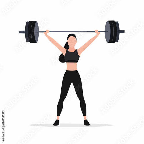 Black and white flat vector silhouette of a weightlifter lifting a barbell, strong and bold composition