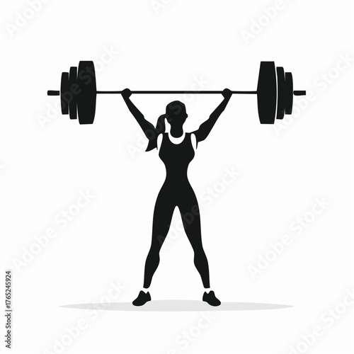 Black and white flat vector silhouette of a weightlifter lifting a barbell, strong and bold composition