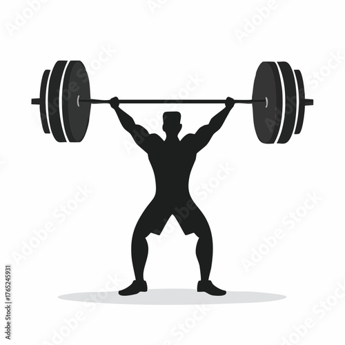 Black and white flat vector silhouette of a weightlifter lifting a barbell, strong and bold composition