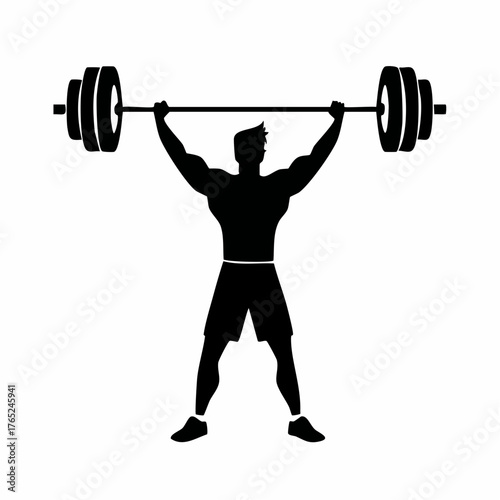 Black and white flat vector silhouette of a weightlifter lifting a barbell, strong and bold composition