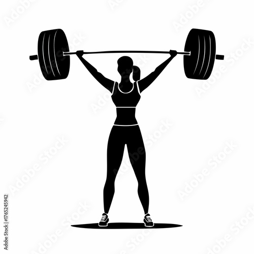 Black and white flat vector silhouette of a weightlifter lifting a barbell, strong and bold composition