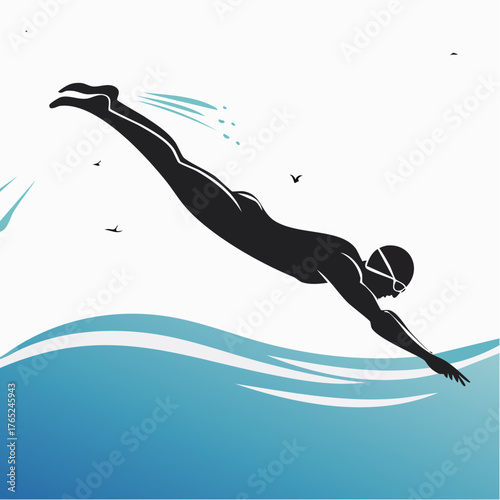Flat vector black silhouette of a swimmer diving into the water, elegant composition, white background