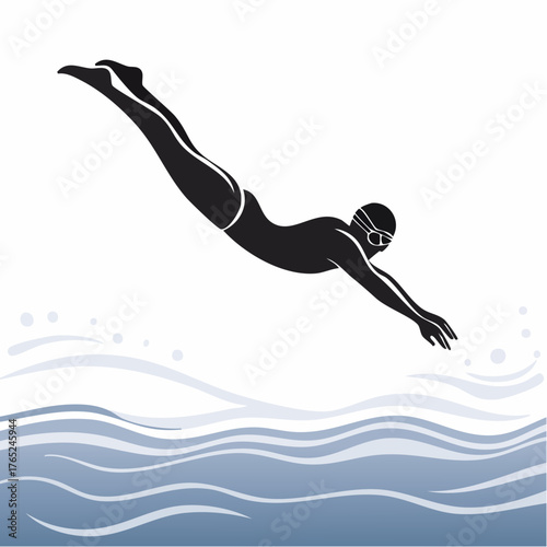 Flat vector black silhouette of a swimmer diving into the water, elegant composition, white background