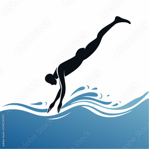 Flat vector black silhouette of a swimmer diving into the water, elegant composition, white background