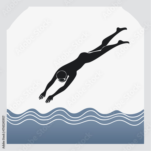 Flat vector black silhouette of a swimmer diving into the water, elegant composition, white background