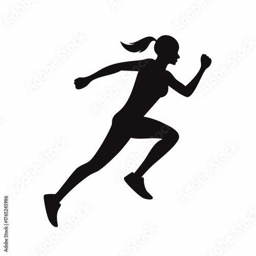 Flat vector black silhouette of a runner sprinting, dynamic pose, white background