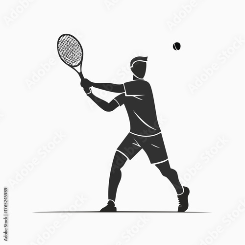 Flat vector black-and-white silhouette of a tennis player hitting a serve, simple and clean design