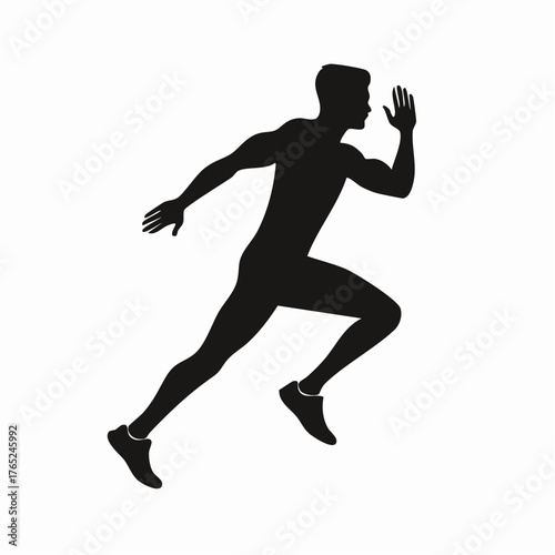 Flat vector black silhouette of a runner sprinting, dynamic pose, white background