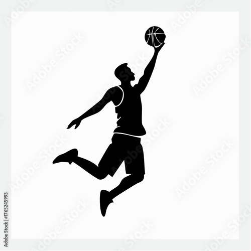 Minimalist flat vector silhouette of a basketball player jumping for a slam dunk, black on white