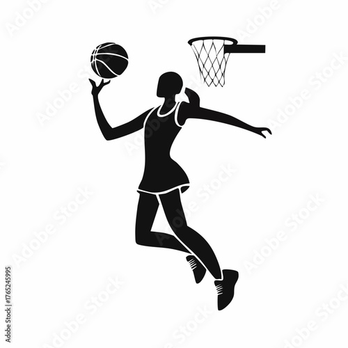 Minimalist flat vector silhouette of a basketball player jumping for a slam dunk, black on white