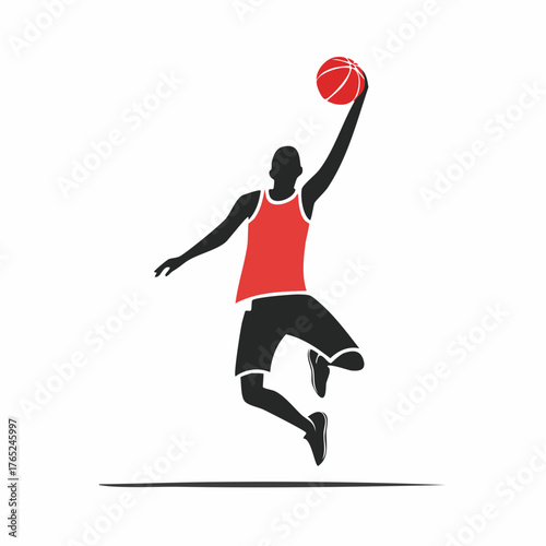 Minimalist flat vector silhouette of a basketball player jumping for a slam dunk, black on white