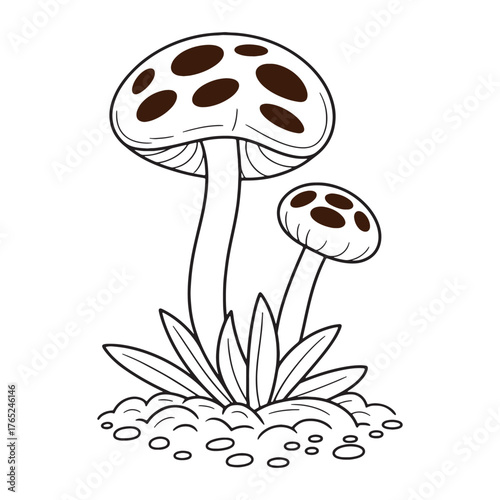 Outlined mushrooms with spots in a hand drawn illustration style