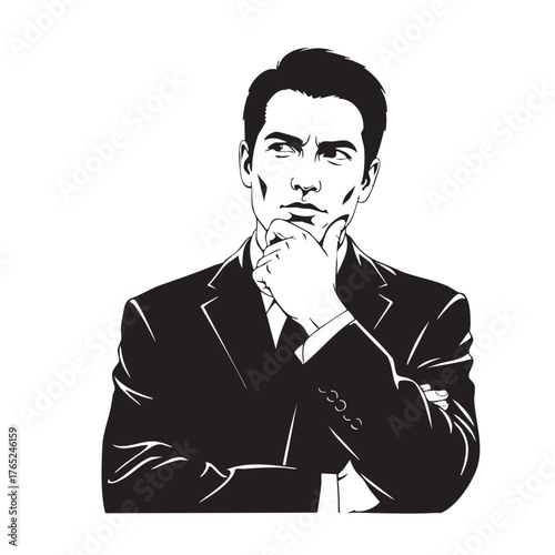 Black and White Vector Illustration of Pondering Businessman in Suit, Hand on Chin, Looking Up and Away, Symbolizing Deep Thought, Strategy, and Intellectual Reflection on Blank Background