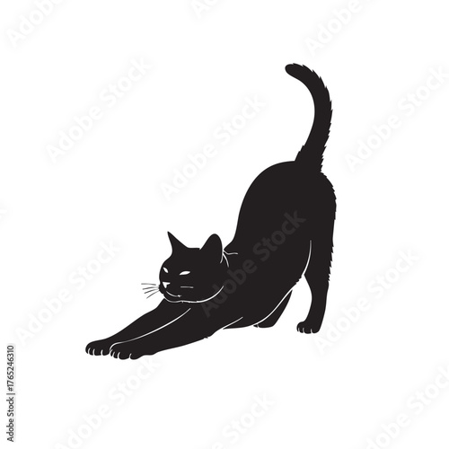 Dynamic Black Cat Silhouette Vector Extending Front Paws and Arching Back, Demonstrating a Vigorous Stretch, Ideal for Animal Wellness and Feline Themed Graphics on Clean White Background