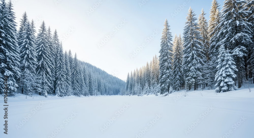Obraz premium Snow Covered Evergreen Forest in Winter Morning.