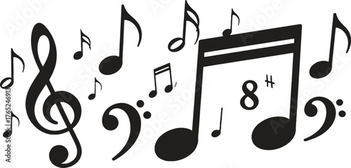 Musical notes stave line pattern symbols icon for staff and music note theme Transparent background wave Piano, jazz sound notes Fun vector key sign Classic clef Doodle