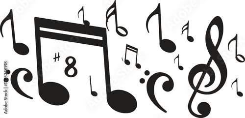 Musical notes stave line pattern symbols icon for staff and music note theme Transparent background wave Piano, jazz sound notes Fun vector key sign Classic clef Doodle