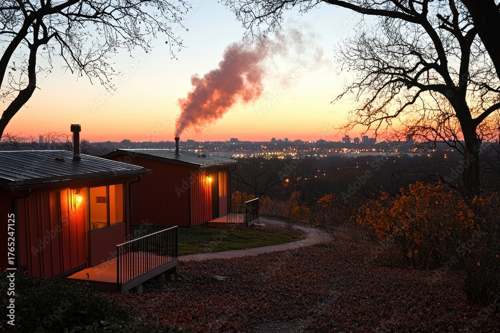 Obraz premium Serene Sunset Over Cottages with Smoke and City Skyline View