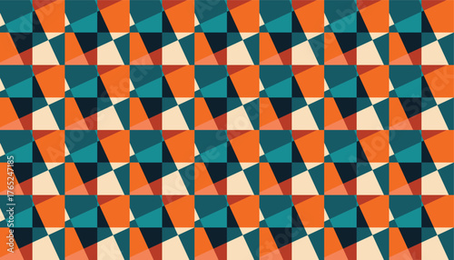 A seamless geometric pattern made of triangular shapes in warm orange, teal, dark blue, and beige tones. The retro-style composition creates a dynamic and rhythmic visual effect