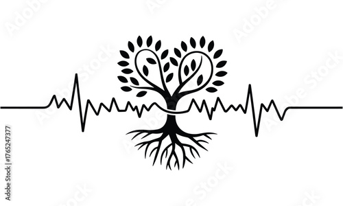 Heartbeat line with a tree and roots in the center representing life and health electrocardiogram lifeline