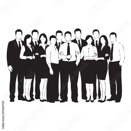 Business Professionals Group Portrait Diverse Team Standing Confident Poses Corporate Workforce Black White Silhouette Vector Illustration