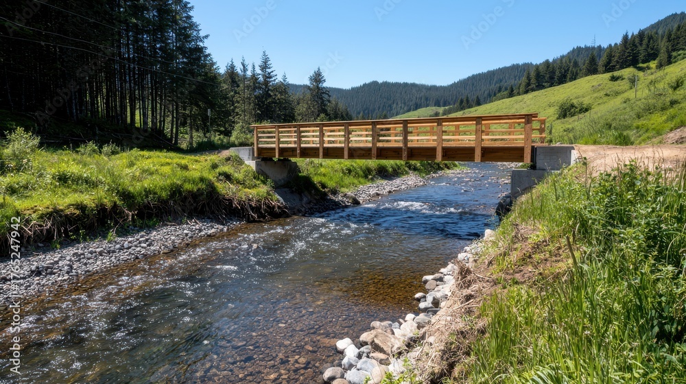 Fototapeta premium Tranquil Bridge Over Stream in Lush Green Landscape During Daylight