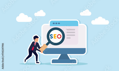 Businessman using a magnifying glass to examine SEO text on a computer screen displaying an application illustration of SEO analysis to improve business performance