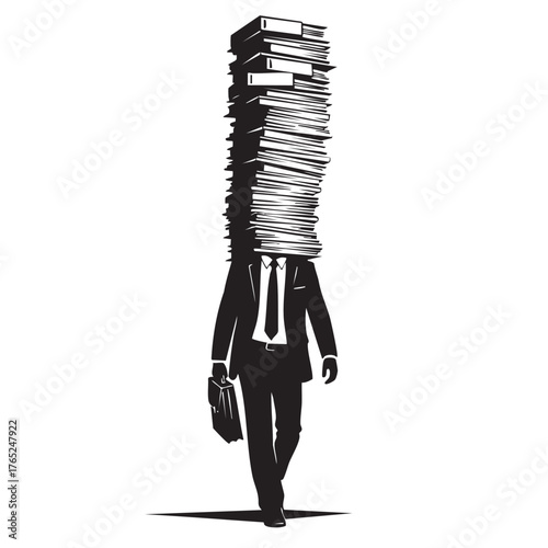 Overworked businessman carrying enormous stack of papers on head black silhouette illustration isolated white background concept of bureaucracy workload and stress in corporate environment