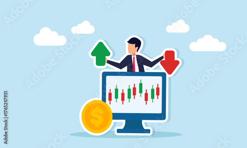 Businessman carrying up and down arrows emerging from behind a monitor displaying a company stock candlestick chart with dollar coins nearby illustration of business valuation fluctuation