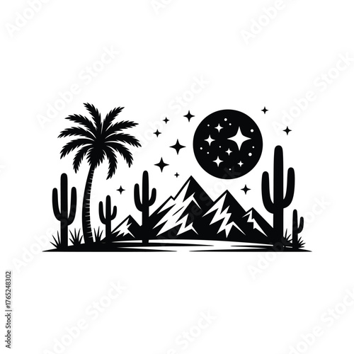 Desert landscape with palm tree mountains and starry moonlit sky