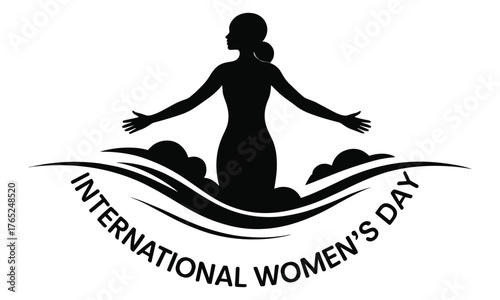 Silhouette of a woman with open arms rising from stylized waves and clouds celebrating International Women's Day